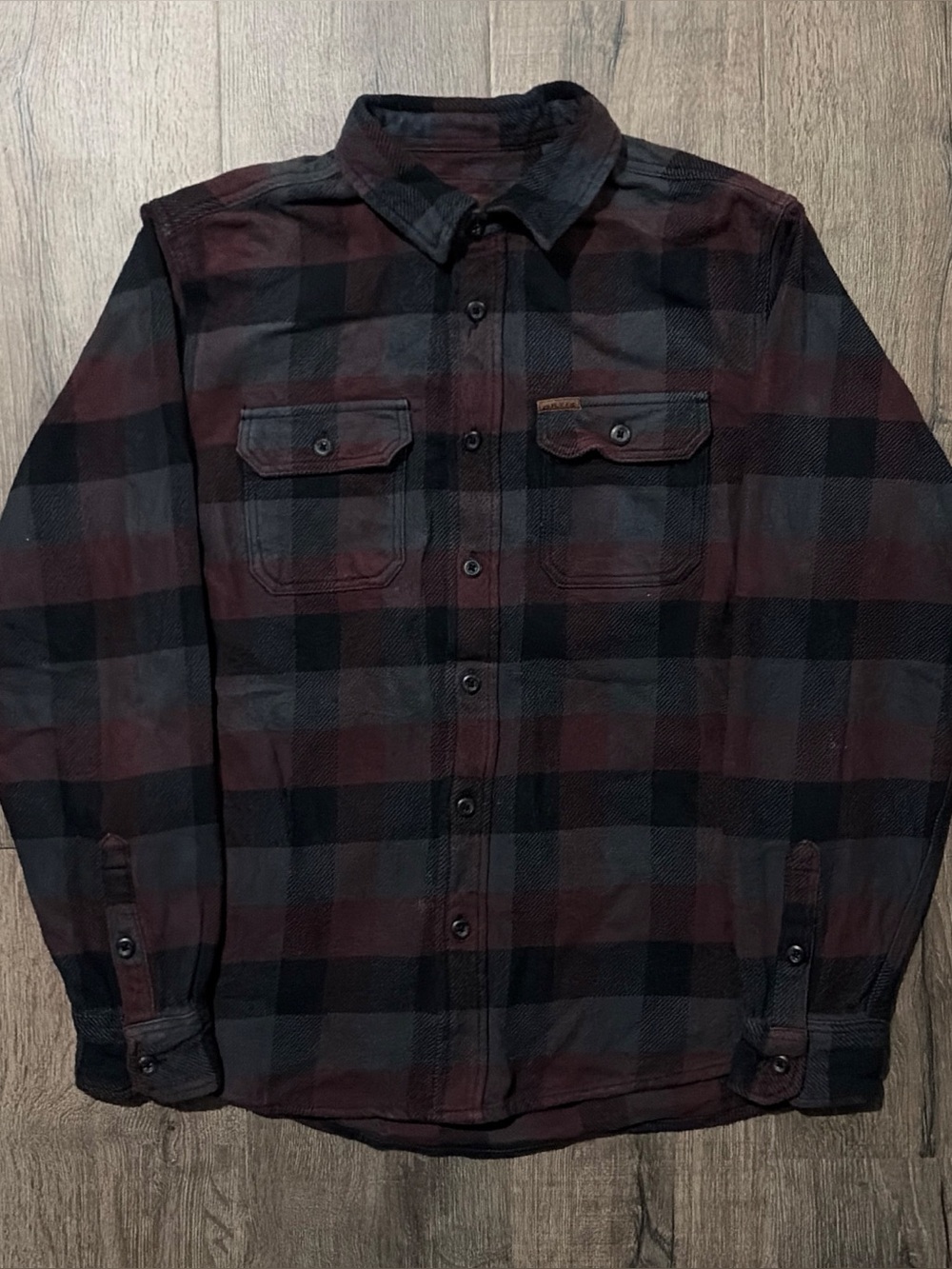 Orvis Plaid Flannel Shirt Burgundy Grey Black M